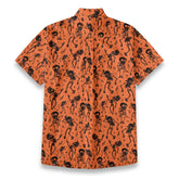 Bold Black Skull Print on Sunset Orange “Midnight Tiki” Hawaiian Shirt